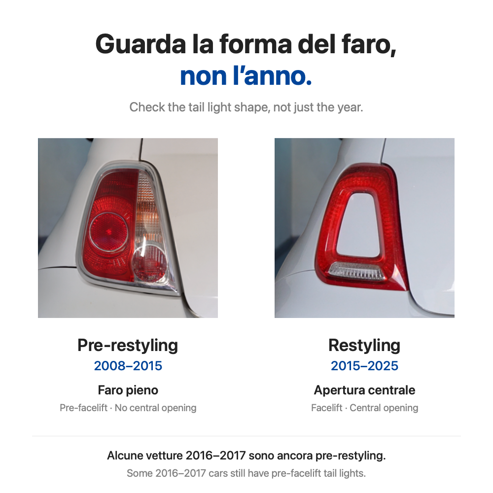 Fari posteriori originali Fiat 500 e Abarth: pre-restyling senza apertura centrale e restyling con apertura centrale.