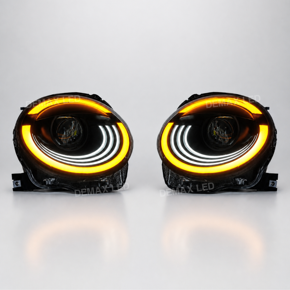Voll-LED-Scheinwerfer Fiat 500 und Abarth mit eingeschaltetem gelbem LED-Blinker