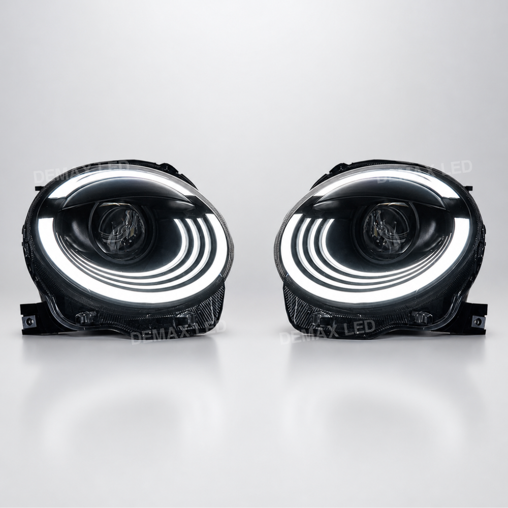 Fari Full LED anteriori Fiat 500 e Abarth 2008–2025 con luci di posizione accese