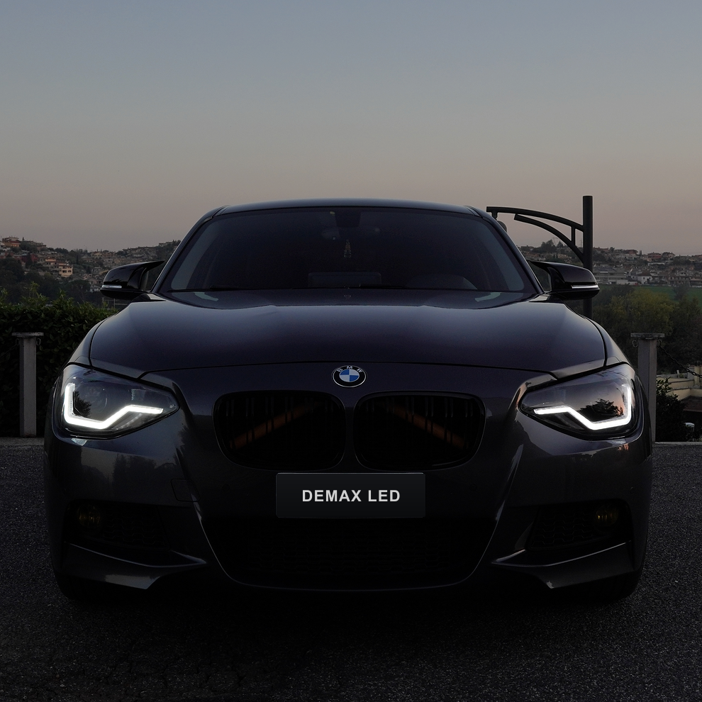 BMW Série 1 F20/F21 Pré-LCI avec phares LED installés, vue avant au crépuscule